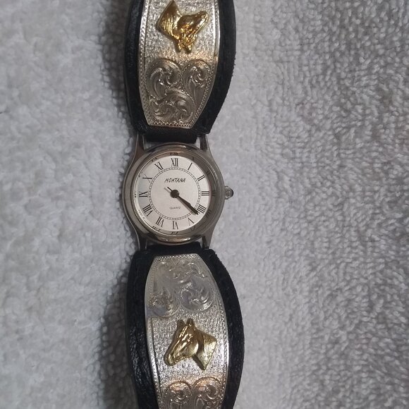 Montana Silversmiths Watch Gold Horsehead Silver Flower Filigree New Bat CLR+Box